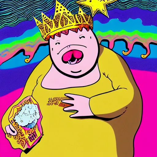 Image similar to trippy comic art of a obese pig wearing a gold crown throwing pork rinds snacks into the air, drawn by Martin Rowson, Tim Burton, Studio Ghibli, Alex Pardee, Nekro Petros Afshar, James McDermott, colors by lisa frank, unstirred paint, vivid color, cgsociety 4K