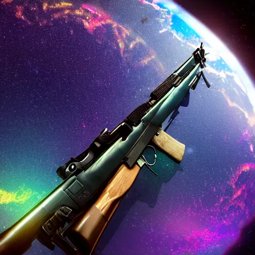 Prompt: high detail photo of a deserted iridescent color ak47 floating in space inside magic colorful glowing sparkling fog, circular planet behind it, starry sky, tranquil, desolate, atmospheric, hazy, autochrome, 8k, reflections, octane render, unreal engine 5