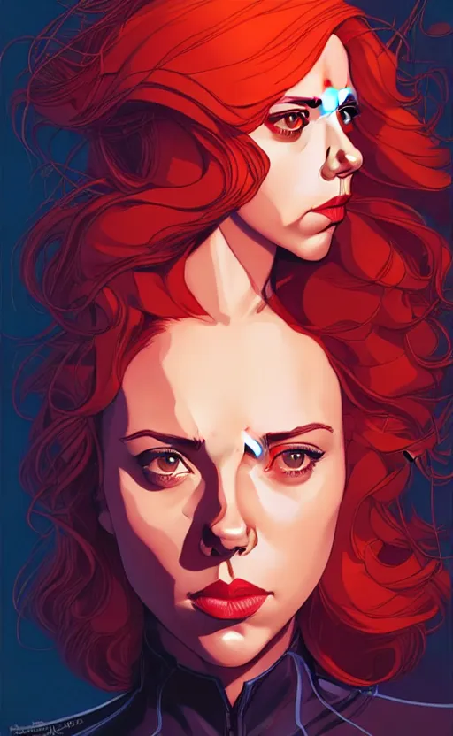 Image similar to rafeal albuquerque comic art, joshua middleton comic art, artgerm, cinematics lighting, night time, pretty scarlett johansson black widow, big smirk, symmetrical face, symmetrical eyes, long red hair, full symmetrical body, flying in the air, jumping off rooftop