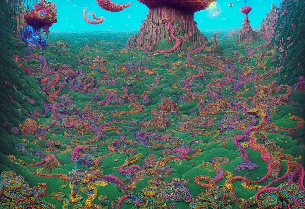 Image similar to beautiful ultradetailed painting of candyland veduta with a cybernetic symbiosis critters melded with krita and glitter lenses made by beksinski, pinterest, etsy, artstation, beautiful ultradetailed painting, campaign cartography by victo ngai, jen yoon, geof darrow, peter mohrbacher, johfra bosschart, unreal engine