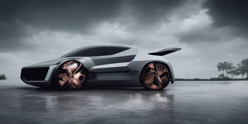 Image similar to a design of a futuristic vehicle, designed by Polestar, night thunderstorm lightning background, brushed rose gold car paint, black windows, dark show room, dramatic lighting, hyper realistic render, depth of field