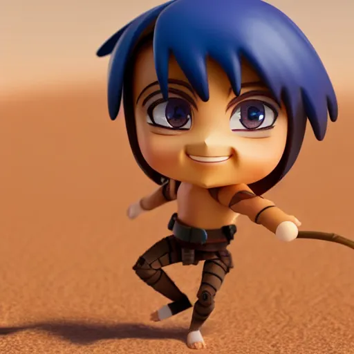 Prompt: dangerous arabian warrior as nendoroid walking in a desert in the croods movie style, anime, disney, pixar, 8 k, hd, dof, kodak film, volumetric lighting, subsurface scattering, photorealistic, octane render, details