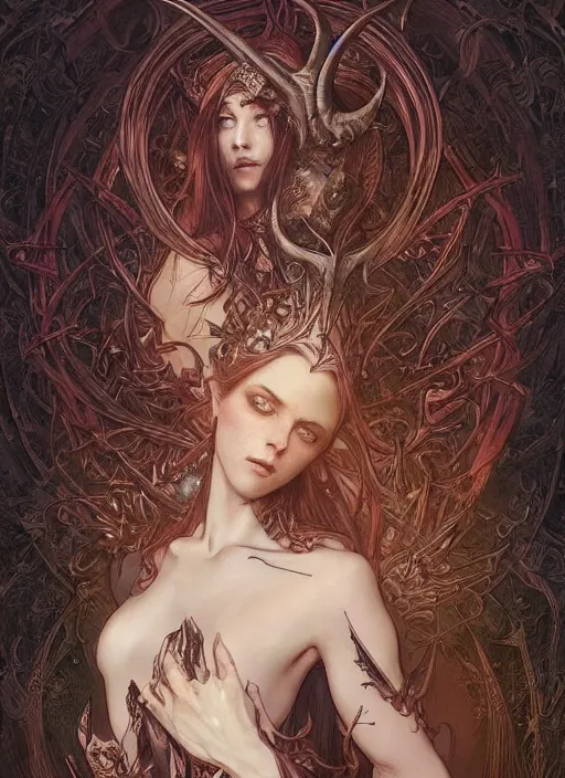 Image similar to a beautiful illustration of a satanic witch with horns in head holding a dragon, intricate, sharp focus, illustration, highly detailed, digital painting, concept art, matte, art by wlop and artgerm and greg rutkowski and alphonse mucha, masterpiece