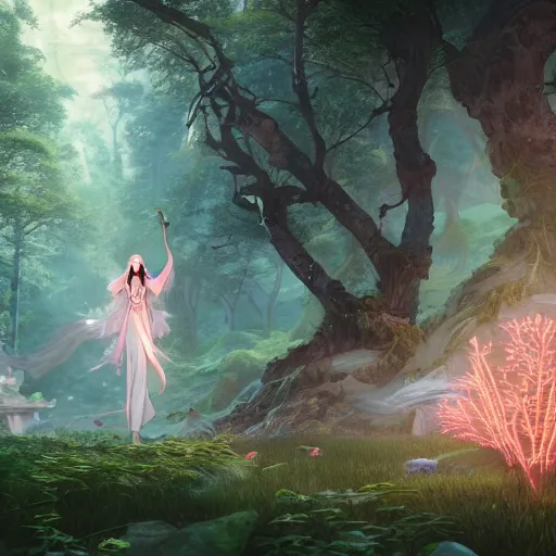 Image similar to breathtaking portrait of fantasy sorceress bright temple surrounded by lush forest meadow, by Hsiao-Ron Cheng and James jean and Miho Hirano and Hayao Miyazaki, octane render, RPG portrait, ambient light, dynamic lighting