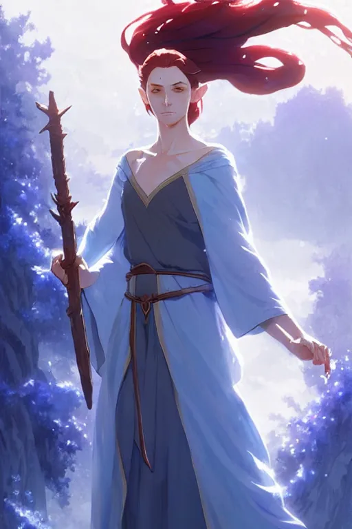 Image similar to elvish female sorcerer doing water magic spells, blue robes, red hair, finely detailed perfect face, exquisite details, mid view, design on a white background, by studio muti, greg rutkowski makoto shinkai takashi takeuchi studio ghibli