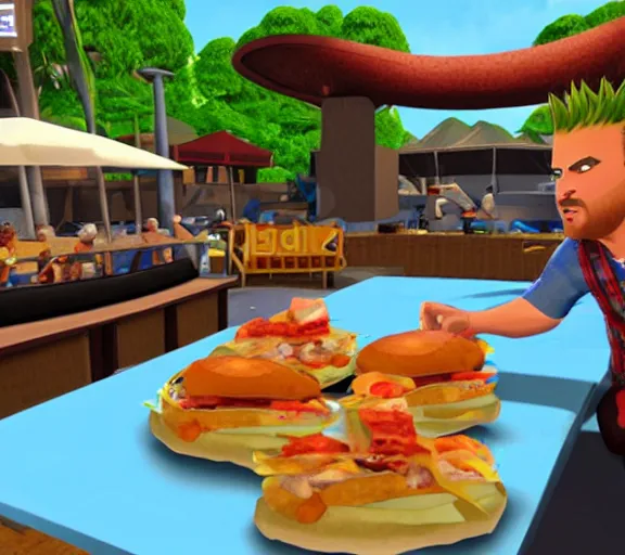 Image similar to screencap of guy fieri ps 2 play station 2 burger eating minigame, ign screenshot, 3 d graphics, stylized character models, game ui, hq image