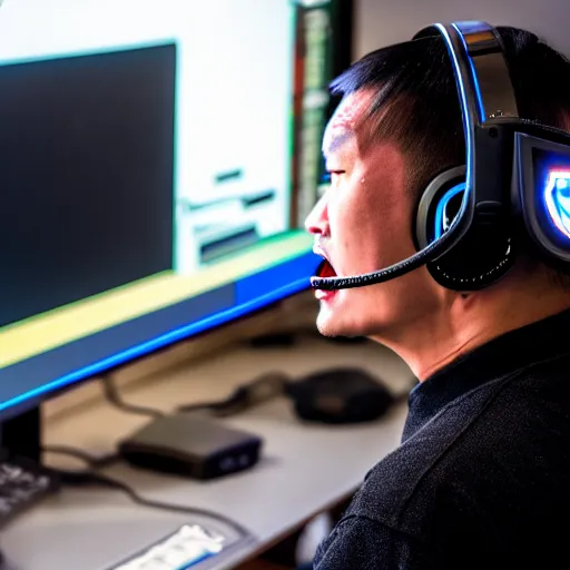 Prompt: Photo of Genghis Khan, wearing a headset, playing Overwatch, close-up, raging, screaming at screen high detail, studio, 85mm Sigma Art Lens