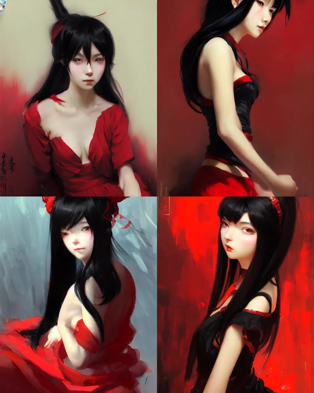 Prompt: girl with black hair and red dress, oriental face, half - length photo, soft lighting, by wenjun lin an krenz cushart, wide angle