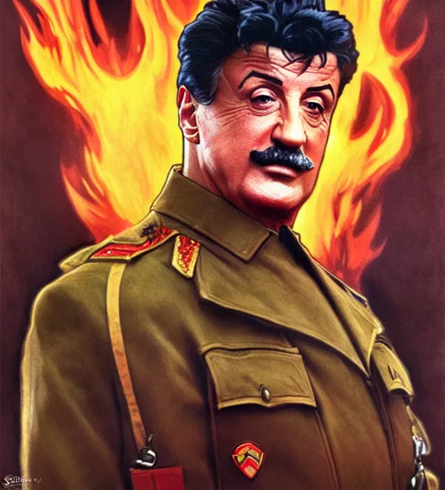 Image similar to sylvester stallone as stalin on fire,, cinematic, by greg rutowski, by greg rutkowski, by stanley artgerm, by alphonse mucha