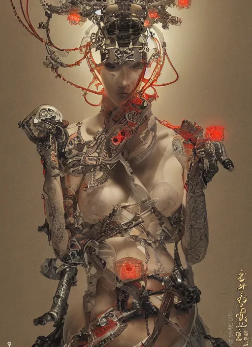 Image similar to portrait of a seductive cyborg yakuza with weapons, imari, modern fine art, fractal, in the style of ghosts in the machine, intricate ornaments, elegant, highly detailed, digital photography, subsurface scattering, by mc escher and greg rutkowski,