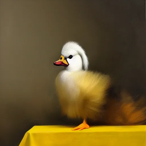 Prompt: still life painting of a yellow laughing duck rabbit on a white table, high contrast lighting, impressionism, real fur, real feather