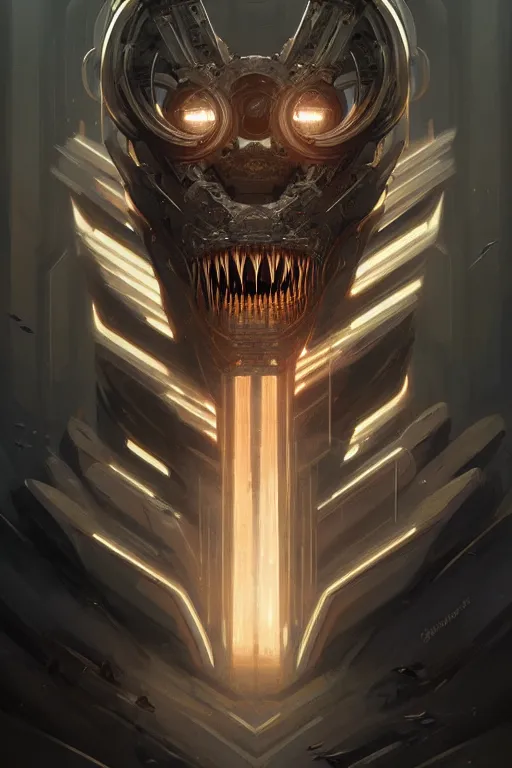 Image similar to professional concept art symmetrical portrait of a horrendous mechanical predatory species in a dark room by artgerm and greg rutkowski. an intricate, elegant, highly detailed digital painting, concept art, smooth, sharp focus, illustration, in the style of cam sykes.