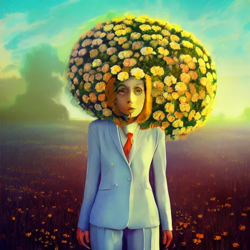 Prompt: large daisy flower head, frontal, girl in a suit, surreal photography, sunrise, dramatic light, impressionist painting, digital painting, artstation, simon stalenhag