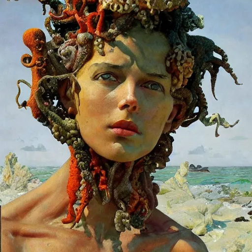 Image similar to a sculpture portrait made of seaweed and coral and shells and octopus, painting part by wojciech siudmak, part by ilya repin, part by max ernst, part by norman rockwell, artstation