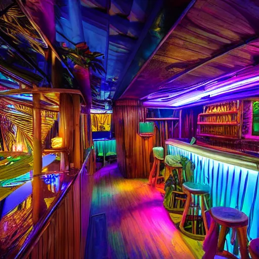 Image similar to architectural digest photo, inside dark and moody crowded futuristic tiki bar inside a yacht, tropical plants, blue lighting with small pastel orange and pink accent lights, crowd of cool people dancing, haze, volumetric fog, ray - tracing lighting and reflections