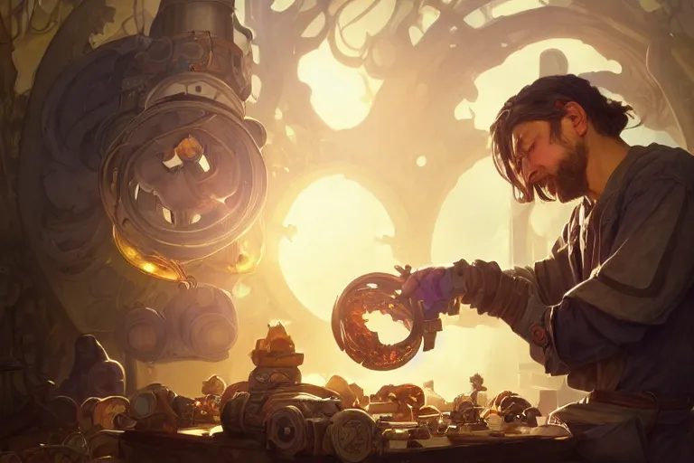Prompt: a hyperrealistic render of an artificer crafting a ring, outdoor, art by Artgerm and Greg Rutkowski and Alphonse Mucha, hearthstone art style, epic fantasty card game art, Beautiful dynamic dramatic moody lighting, shadows, cinematic, Octane, 8K