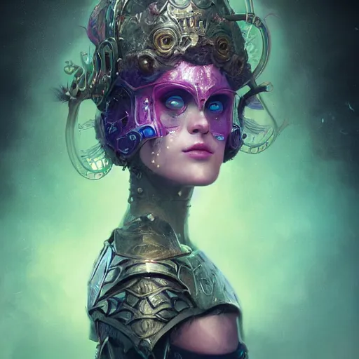 Image similar to tom bagshaw, soft painting curiosities carnival, a single very beautiful warrior in full underwater armor, symmetry accurate human features, focus, very intricate ultrafine details, green purple aqua volumetric lights, award winning masterpiece, octane render 8 k hd