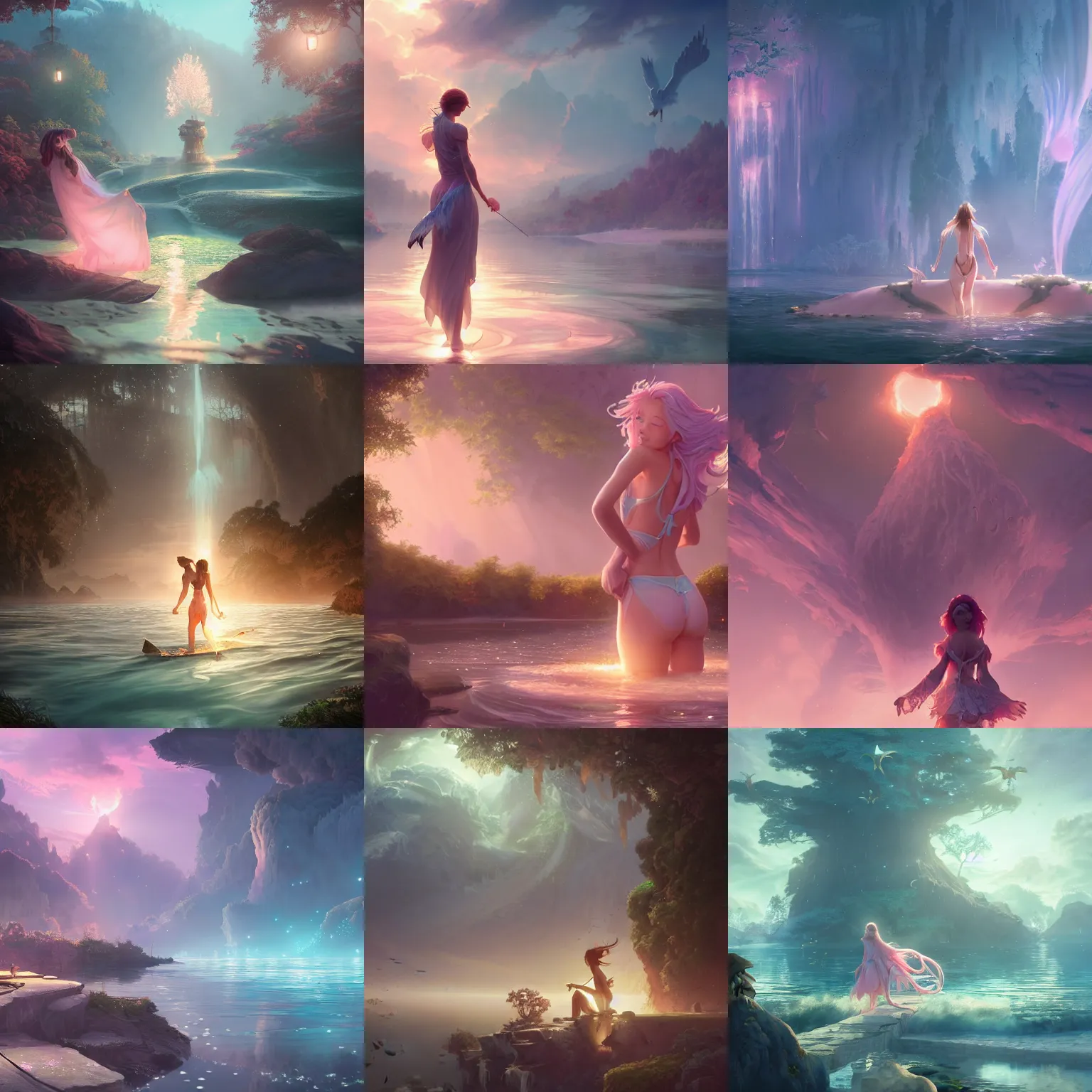 Prompt: fantasy with spirit of water, at gentle dawn pink light, axie infinity cards, rossdraws, artgerm, norman rockwell, emiliano ponzi, epic composition, hd, octane, unreal engine, volumetric lighting, light rays, masterpiece, award - winning