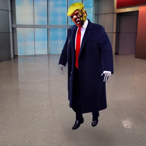 Prompt: zombie donald trump visits the foxnews studios, movie still, 4 k