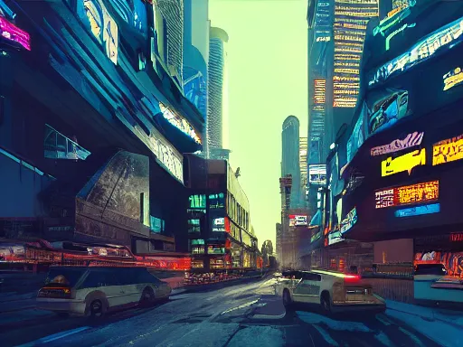 Image similar to a cinematic busy cyberpunk street in a mega city packed with flying vehicles, large mega corp buildings dominate the skyline at dusk by nick hiatt, unreal engine trending on artstation