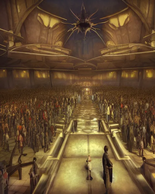 Image similar to fantasy movie scene digital matte painting of a crowd in a futuristic church by craig mullins and ghibli, strong contrast, priest, pews, ethereal, inviting, bright, raking light, unreal engine 5, hyper realism, realistic shading, cinematic composition, blender render, octane render, hdr, detailed textures, photorealistic, wide shot