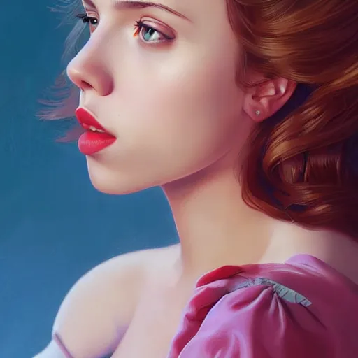Image similar to a beautiful scenic painting of a beautiful young woman that looks like scarlett johansson by artgerm and wlop and wes anderson and spike jonze