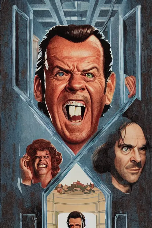 Prompt: a movie poster for the film the shining designed by reynold brown featuring a prominent portrait of jack nicholson and a stylised fireaxe in the style of wes anderson.