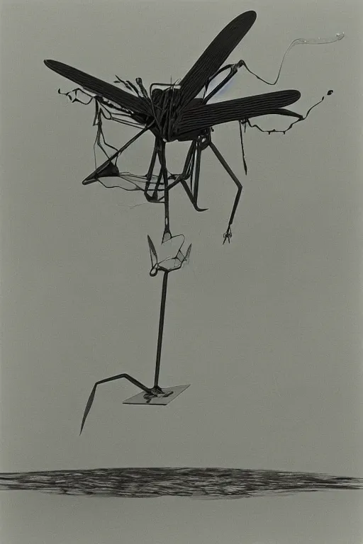 Image similar to a yves tanguy and oskar kokoschka 3 d render of a giant robotic dragonfly on a tiny island, 1 9 9 5 render