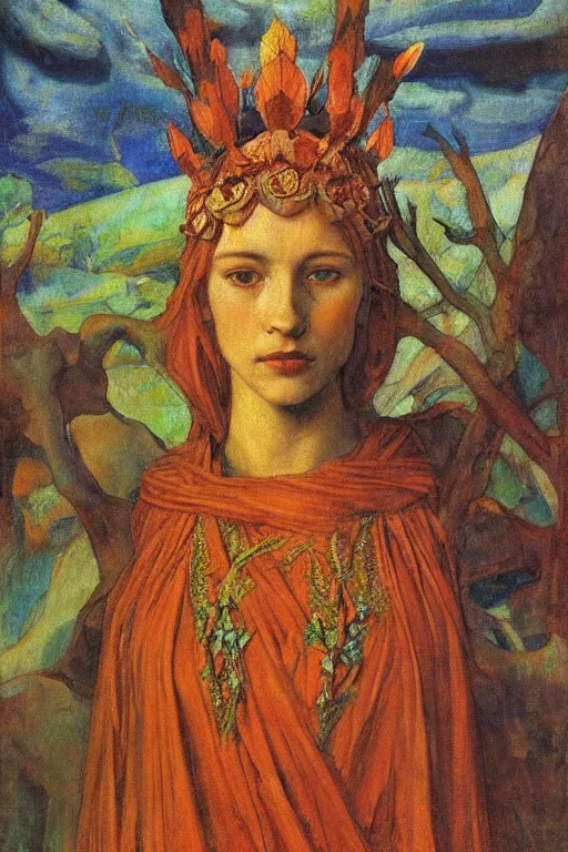 Image similar to queen of autumn by Annie Swynnerton and Nicholas Roerich, strong dramatic cinematic lighting , ornate headdress , flowing robes, lost civilizations, smooth, sharp focus, extremely detailed