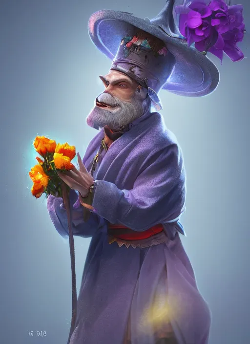 Image similar to an anthropomorphic beautiful male wizard portrait holding a flowers wearing colourful robe, fine art, award winning, intricate, elegant, sharp focus, octane render, hyperrealistic, wizard hat cinematic lighting, highly detailed, digital painting, 8 k concept art, masterpiece, trending on artstation, 8 k