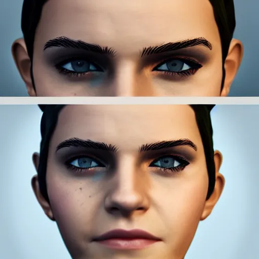 Image similar to textured film grain eye shadow smoky eyes subsurface scattering fashion model face smiling laughing squinting emma watson as a fortnite character cgsociety octane render unreal engine redshift render trending on artstation trending on artstation render blender behance cg superhero