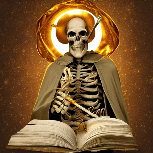 Prompt: hyper realistic skeleton wizard in a magic robe holding a golden staff reading a scroll