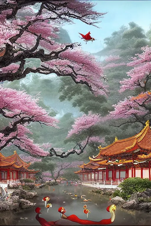 Image similar to a street in a ancient chinese characteristics. it has a high degree of fantasy. cherry blossom forest, there are pavilions in the air, koi jumping in the air, and fairy birds and animals such as cranes and deer coexist with people. it is the life scene of the ancient people, a detailed matte painting by christophe vacher and albert bierstadt