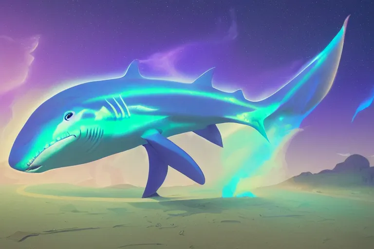 Prompt: a holographic projection of a huge colorful lucid shark made of light beams appears in the desert at night, a man is stunned, by anton fadeev, highly - detailed, fantasy, sci - fi