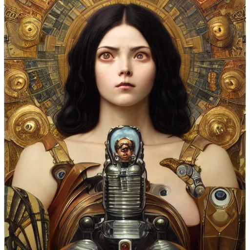 Prompt: Masterpiece portrait of battle angel Alita drawn by Donato Giancola and Tom Bagshaw, face by Artgerm and Edmund Leighton, Alphonse Mucha, background by James Jean and Gustav Klimt, 4k, robotic body, porcelain skin, komorebi, french nouveau, trending on pixiv, octane render, hyperrealistic