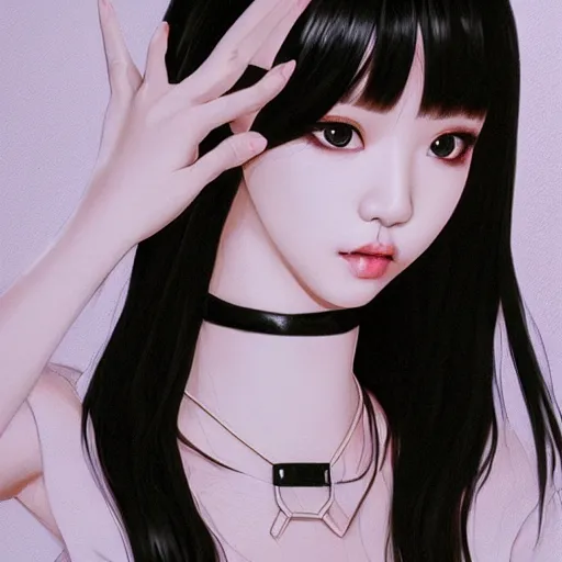 Image similar to realistic detailed semirealism beautiful gorgeous cute Blackpink Lalisa Manoban wearing white tight t-shirt, black hair black cat ears, black leather choker, proportional body, WLOP, Aztodio, Taejune Kim, sakimichan, ArtGerm, Pixiv, Instagram, Artstation