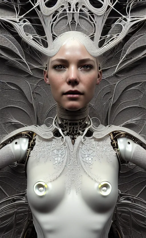 Image similar to intricate hyper detailed ultra sharp 3 d render of a beautiful smooth porcelain seductive cyborg woman portrait, medium shot portrait, bright light, alexandre ferra mecha, deeply cyberpunk art nouveau haute couture huge fractal white silver gold mycelum and yellow pore fungi head ornaments, big embroidered leaves filigree spreaded roots, octane render, volumetric cinematic lighting, 8 k, vray tracing