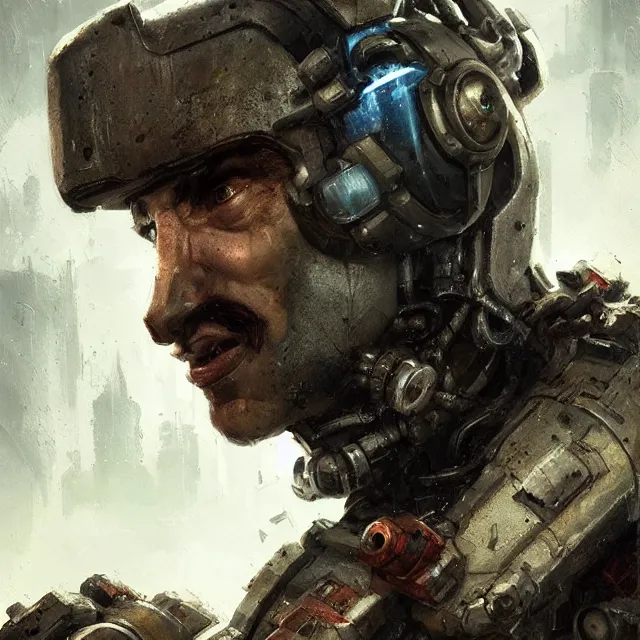 Image similar to a rugged engineer super mario with cybernetic enhancements, scifi character portrait by greg rutkowski, esuthio, craig mullins, 1 / 4 headshot, cinematic lighting, dystopian scifi gear, gloomy, profile picture, mechanical, half robot, implants, steampunk