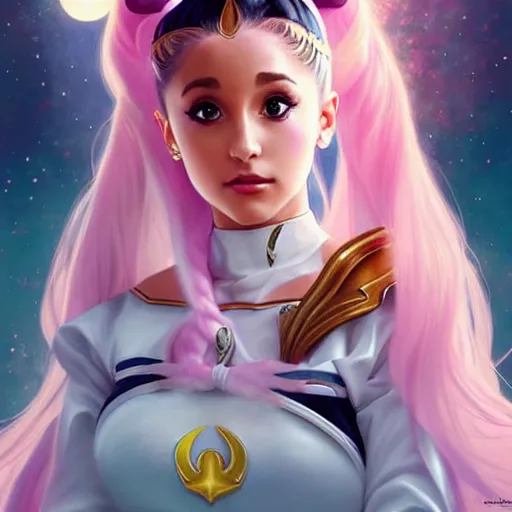 Image similar to ariana grande as sailor moon, fantasy, intricate, elegant, highly detailed, digital painting, artstation, concept art, matte, sharp focus, illustration, art by Artgerm and Greg Rutkowski and Alphonse Mucha