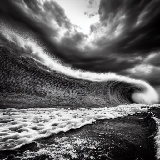 Prompt: a huge tsunami wave about to crash over manhattan, epic cinematic low angle shot from the street, looking up at the wave, end of the world vibes, dark and gloomy, details visible