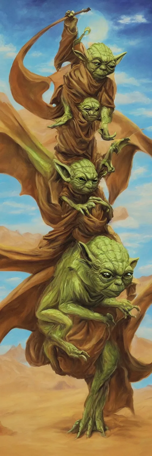 Prompt: beautiful oil painting of Yoda riding a dragon in the desert