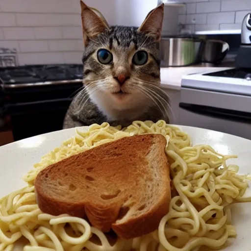 Image similar to noodles on toast cat watching over the food