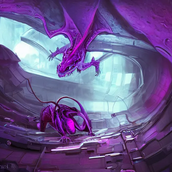 Image similar to inside a cavernous robotic stomach, the walls purple and pulsing, acid pooling inside, acid melting a small dragon, food pov, micro pov, prey pov, vore, dragon vore, digital art, pov furry art, anthro art, furry, warframe art, high quality, 8k 3D realistic, macro art, micro art, Furaffinity, Deviantart, Eka's Portal, G6