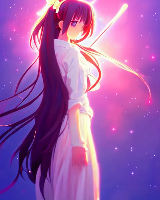 Image similar to anime style, vivid, expressive, full body, 4 k, painting, a cute magical girl with a long wavy black hair, side shot, stunning, realistic light and shadow effects, centered, simple background, studio ghibly makoto shinkai yuji yamaguchi