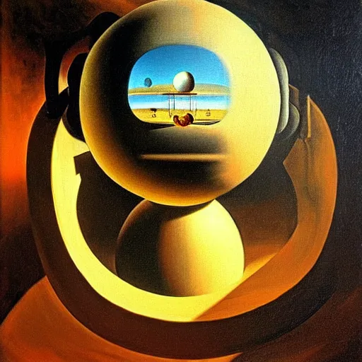 Prompt: a spherical cannon, oil on canvas, by salvador dali, soft lighting