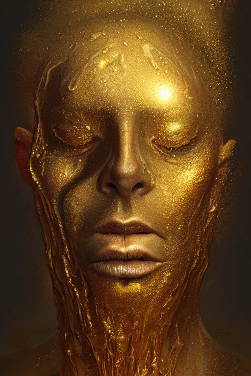 Prompt: Hyper realistic portrait of a ghost with melting face, gold raining in the background, Cinematic lighting, ultra super good realistic 3D render by Gerald Brom and Zdzisław Beksiński, insanely detailed, trending on artstation, 8k