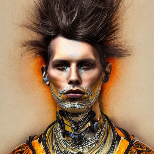 Image similar to an award finning closeup facial portrait by akseli kallen gallela luis rogyo and john howe of a bohemian male cyberpunk traveller clothed in excessivelyg fashionable 8 0 s haute couture fashion and wearing ornate art nouveau body paint