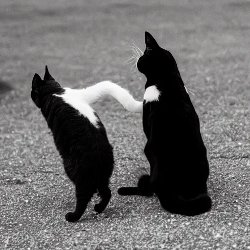 Prompt: a black and white cat and a multicoloured cat playing in heaven