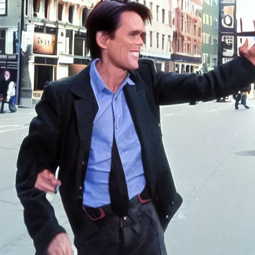 Prompt: jim carrey's head flying as a carrier pigeon