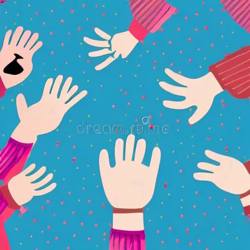 Image similar to team of 4 people vector illustration, no faces, hands raised in joy, vector illustration, white background